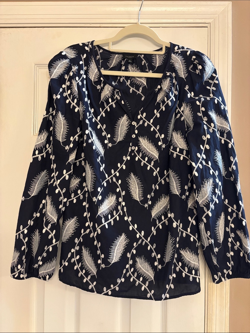 Talbots Navy V-Neck Botanical Print Blouse Xl